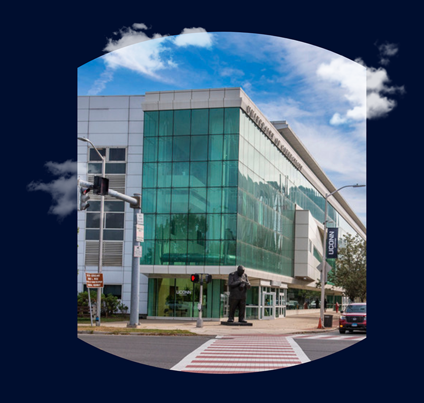 Artwork of the UConn Stamford campus with clouds layered on top.